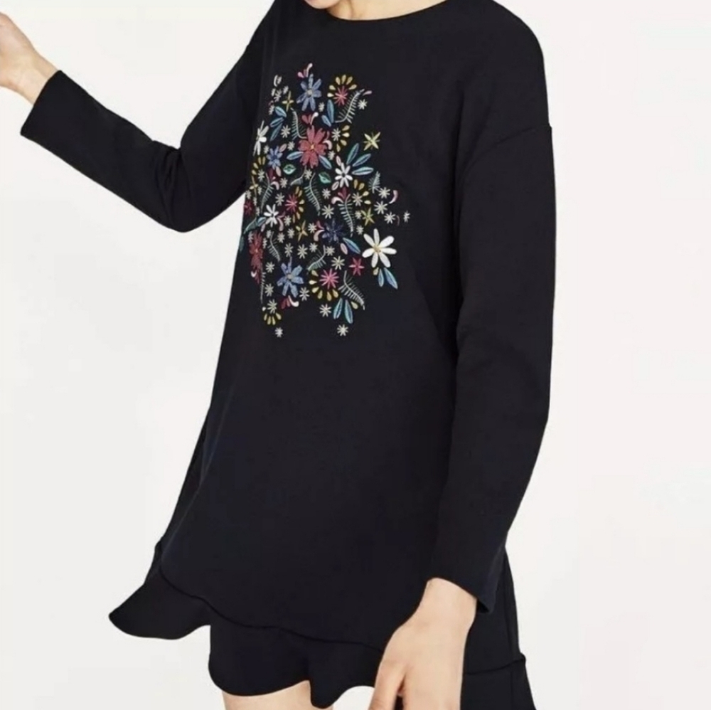 Zara Embroidered Shift Dress Long Sleeve Ruffle Hem Black S